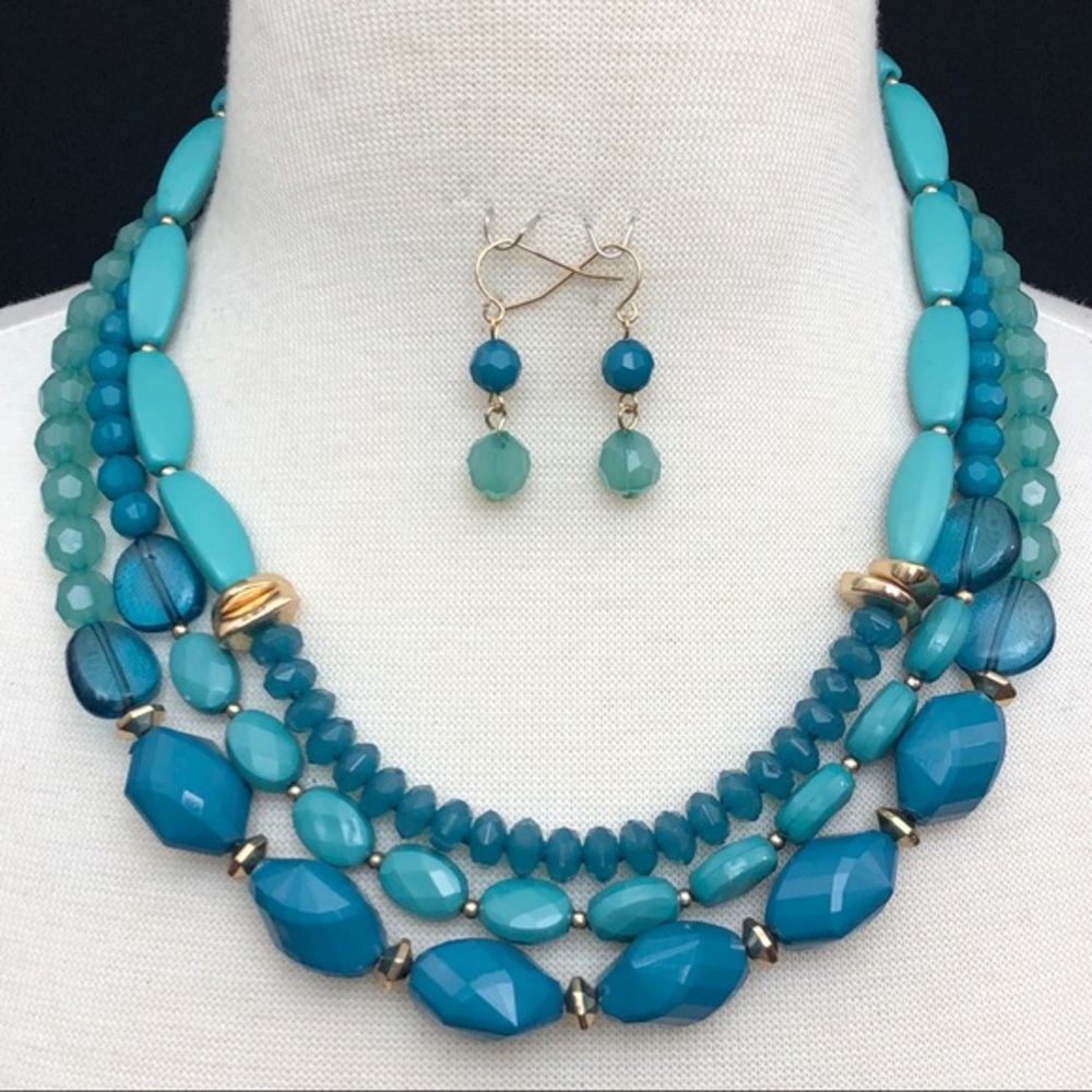 3 row Aqua Blue Bead Layered Necklace Earrings Set